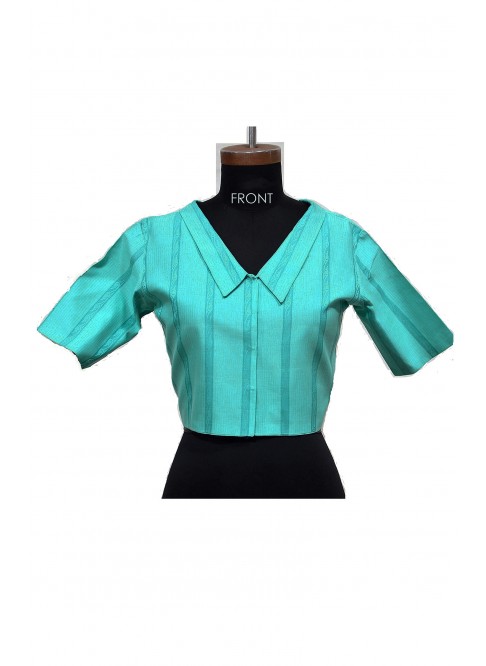 Blue, Handloom Organic Cotton Blouse with Collar (Size L / Size 12)